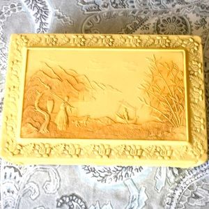 Vintage Celluloid Faux Ivory Lotus Japanese Garden Jewelry lidded box.